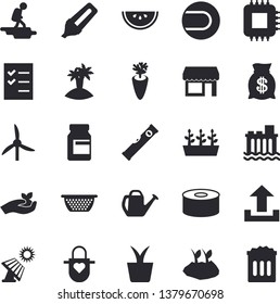 Solid vector icon set - level meter flat vector, colander, apron, canned food, watermelon, carrot, home plant, seedlings, watering can, planting plants, solar battery, windmill, motherboard, marker
