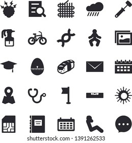 Solid vector icon set - level meter flat vector, kitchen egg timer, meat hammer, sashimi, pulverizer, rain, fabric manufacture, SIM card, location, calendar, stethoscope, DNA, magnifier, mail, chat