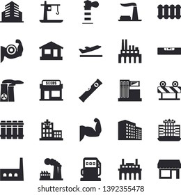 Solid vector icon set - level meter flat vector, heating batteries, barrier, grain warehouse, house, gas station, refueling, factory, manufactory, plant, crane, lighthouse, hospital, office building