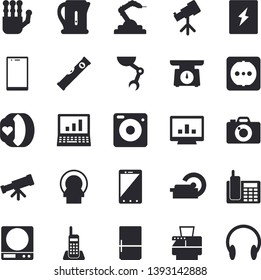 Solid vector icon set - level meter flat vector, sockets, switch box, weighing machine, electric kettle, fridge, robotics, tomograph, computer chart, telephone, copy, robot hand, telescope, mobile