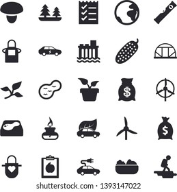 Solid vector icon set - level meter flat vector, apron, mushroom, salad, cucumber, home plant, pond, pool, greenhouse, windmill, tree leaf, forest, hydroelectric power station, eco cars, electric