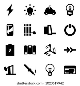 Solid vector icon set - lightning vector, bulb, electric car, business idea, drink, sun panel, water power plant, standby button, battery, wind mill, connect, oil derrick, soldering iron, generator