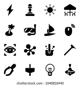 Solid vector icon set - lightning vector, pawn, sun, outdoor cafe, palm, diving, windsurfing, mouse wireless, eye scanner, molecule, casting of steel, mason hammer, side cutters, crown drill, bulb