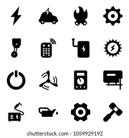 Solid vector icon set - lightning vector, electric car, fire, gear, piston, remote control, power bank, sun, standby button, wind mill, multimeter, jig saw, welding, oiler, toy hammer