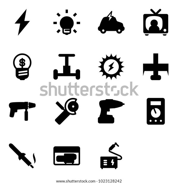 Solid vector icon set - lightning vector, bulb,\
electric car, tv news, business idea, gyroscope, sun power, milling\
cutter, drill machine, Angular grinder, multimeter, soldering iron,\
generator