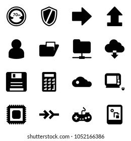 Solid vector icon set - limited distance vector road sign, shield, right arrow, uplooad, user, folder, network, download cloud, save, calculator, monoblock pc, cpu, connect, gamepad, game console