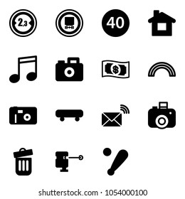 Solid vector icon set - limited width vector road sign, no dangerous cargo, minimal speed limit, home, music, camera, money, rainbow, photo, skateboard, wireless mail, trash bin, laser lever