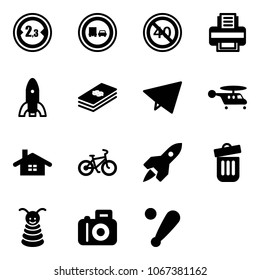 Solid vector icon set - limited width vector road sign, no truck overtake, end minimal speed limit, printer, rocket, dollar, paper fly, helicopter, home, bike, trash bin, pyramid toy, camera