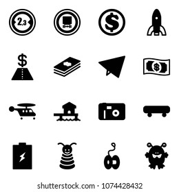 Solid vector icon set - limited width vector road sign, no dangerous cargo, dollar, rocket, paper fly, money, helicopter, bungalow, photo, skateboard, battery, pyramid toy, yoyo, monster