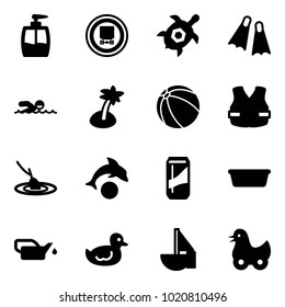 Solid vector icon set - liquid soap vector, no dangerous cargo road sign, sea turtle, flippers, swimming, palm, ball, life vest, fishing, dolphin, drink, basin, oiler, duck toy, sailboat