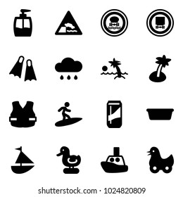 Solid vector icon set - liquid soap vector, embankment road sign, no dangerous cargo, flippers, rain cloud, palm, life vest, surfing, drink, basin, sailboat toy, duck, boat