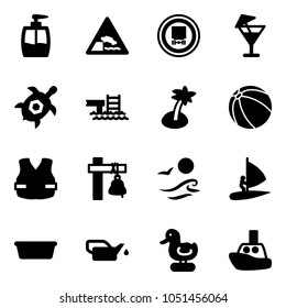Solid vector icon set - liquid soap vector, embankment road sign, no dangerous cargo, drink, sea turtle, pool, palm, ball, life vest, ship bell, waves, windsurfing, basin, oiler, toy duck, boat