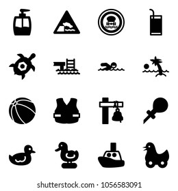 Solid vector icon set - liquid soap vector, embankment road sign, no dangerous cargo, drink, sea turtle, pool, swimming, palm, ball, life vest, ship bell, oiler, duck toy, boat