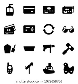 Solid vector icon set - liquid soap vector, credit card, tap pay, refresh, sunglasses, bucket scoop, basin, drill machine, toy hammer, phone, windmill, boat, duck