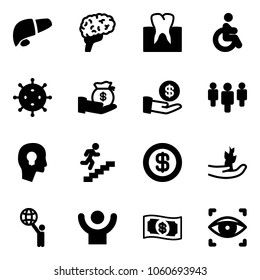 Solid vector icon set - liver vector, brain, tooth, disabled, virus, investment, group, head bulb, career, dollar, hand sproute, world, success, money, eye scanner