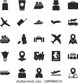 Solid vector icon set - location flat vector, sport bag, aircraft fector, train, luggage, suitcase, passport, departure, get, hand, sun protection cream, flippers, transfer, cruise ship, yacht