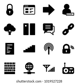 Solid vector icon set - lock vector, website, right arrow, user password, upload cloud, pause, chat, link, document, stairs, antenna, wireless, binary code, globe, fine signal, radio