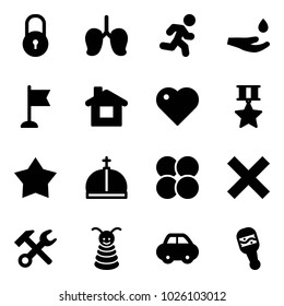 Solid vector icon set - lock vector, lungs, run, drop hand, flag, home, heart, star medal, crown, atom core, delete, wrench hammer, pyramid toy, car, beanbag