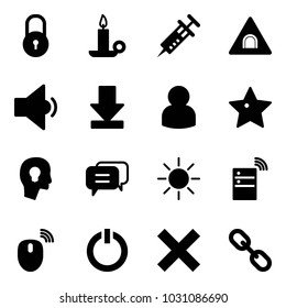 Solid vector icon set - lock vector, candle, syringe, tunnel road sign, low volume, download, user, star, head bulb, dialog, sun, server wireless, mouse, standby button, delete, link