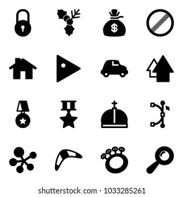 Solid vector icon set - lock vector, holly, money bag, no limit road sign, home, play, car, arrow up, star medal, crown, bezier, molecule, boomerang, beanbag