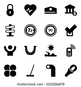 Solid vector icon set - lock vector, heart pulse, doctor hat, account, road signpost sign, limited width, speed limit 90, check, success, luck, reading, mobile phone, atom core, rake, allen key