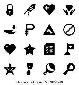 Solid vector icon set - lock vector, firework rocket, heart, care, drop hand, ruble, multi lane traffic road sign, no limit, star, list, flag, starfish, piston, beanbag