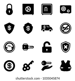 Solid vector icon set - lock vector, safe, encashment car, no horn road sign, limited distance, key, unlocked, shield cross, dollar, hand, life vest