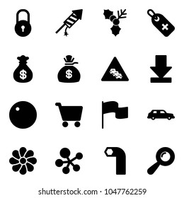 Solid vector icon set - lock vector, firework rocket, holly, medical label, money bag, multi lane traffic road sign, download, record, cart, flag, limousine, flower, molecule, allen key, beanbag