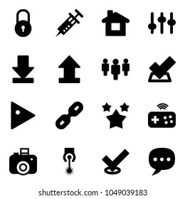 Solid vector icon set - lock vector, syringe, home, settings, download, uplooad, group, check, play, link, stars, joystick wireless, camera, laser, chat