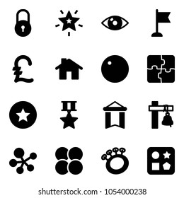 Solid vector icon set - lock vector, christmas star, eye, flag, pound, home, record, puzzle, medal, pennant, ship bell, molecule, atom core, beanbag, cube hole toy