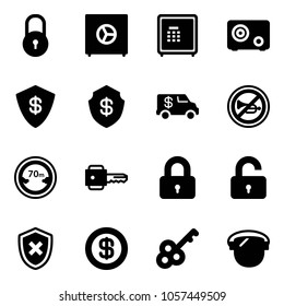 Solid vector icon set - lock vector, safe, encashment car, no horn road sign, limited distance, key, locked, unlocked, shield cross, dollar, protect glass