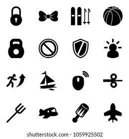 Solid vector icon set - lock vector, bow, ski, basketball ball, weight, prohibition road sign, shield, idea, career, sail boat, mouse wireless, steel rolling, farm fork, plane toy, beanbag