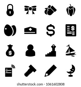 Solid vector icon set - lock vector, bow, gloves, sweet pepper, eggs, doctor hat, dollar sign, account statement, money bag, user, success, sail boat, server wireless, bolt, pencil, moon lamp