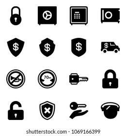 Solid vector icon set - lock vector, safe, encashment car, no horn road sign, limited distance, key, locked, unlocked, shield cross, hand, protect glass