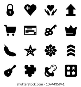 Solid vector icon set - lock vector, heart, care, uplooad, cart, schedule, key, crown, banana, starfish, flower, chevron, guitar, puzzle, soother, cube hole toy