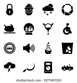 Solid vector icon set - lock vector, santa claus, snowfall, christmas wreath, turkey, snowball house, bladder, disabled, no bus road sign, volume max, round flask, garbage, storm, sickle, multimeter