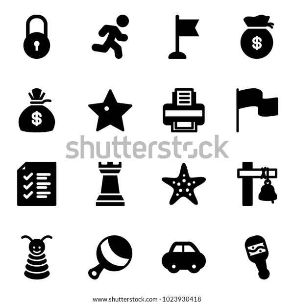 Solid vector icon set - lock vector, run, flag, money\
bag, star, printer, list, chess tower, starfish, ship bell, pyramid\
toy, beanbag, car