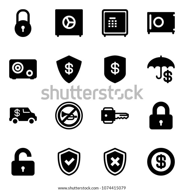 Solid vector icon set - lock vector, safe,\
insurance, encashment car, no horn road sign, key, locked,\
unlocked, shield check, cross,\
dollar