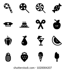 Solid vector icon set - lollipop vector, candy, cake, santa stick, apple, sweet pepper, pear, drink, watermelone, pineapple, strawberry, ice cream