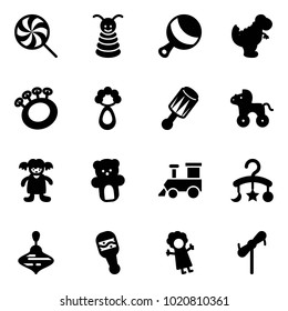 Solid vector icon set - lollipop vector, pyramid toy, beanbag, dinosaur, wheel horse, doll, bear, train, baby carousel, wirligig, windmill