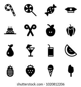 Solid vector icon set - lollipop vector, candy, cake, santa stick, apple, sweet pepper, pear, drink, watermelone, pineapple, strawberry, ice cream