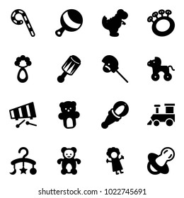 Solid vector icon set - lollipop vector, beanbag, dinosaur toy, horse stick, wheel, xylophone, bear, train, baby carousel, doll, soother
