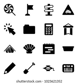Solid vector icon set - lollipop vector, flag, road signpost sign, for moto, cursor, folder, calculator, pennant, tent, shell, terms plan, basin, pencil, shovel, jack, toy piano