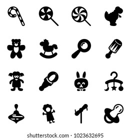 Solid vector icon set - lollipop vector, dinosaur toy, bear, rocking horse, beanbag, doll, rabbit, baby carousel, wirligig, windmill, soother