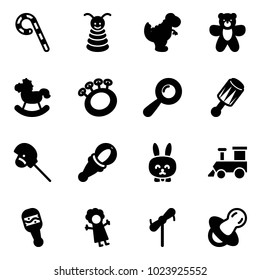 Solid vector icon set - lollipop vector, pyramid toy, dinosaur, bear, rocking horse, beanbag, stick, rabbit, train, doll, windmill, soother