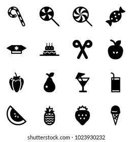 Solid vector icon set - lollipop vector, candy, cake, santa stick, apple, sweet pepper, pear, drink, watermelone, pineapple, strawberry, ice cream