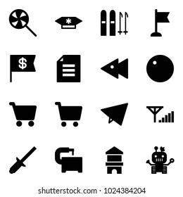 Solid vector icon set - lollipop vector, candy, ski, flag, dollar, document, fast backward, record, cart, paper fly, fine signal, clinch, machine tool, toy block house, robot