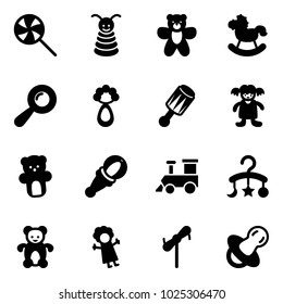 Solid vector icon set - lollipop vector, pyramid toy, bear, rocking horse, beanbag, doll, train, baby carousel, windmill, soother
