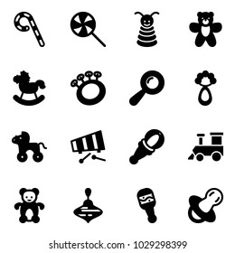 Solid vector icon set - lollipop vector, pyramid toy, bear, rocking horse, beanbag, wheel, xylophone, train, wirligig, soother