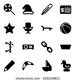 Solid vector icon set - lollipop vector, christmas hat, thermometer, finance calendar, star, office chair, lounger, ball, bezier, projector, link, basin, pencil, boomerang, sailboat toy, duck